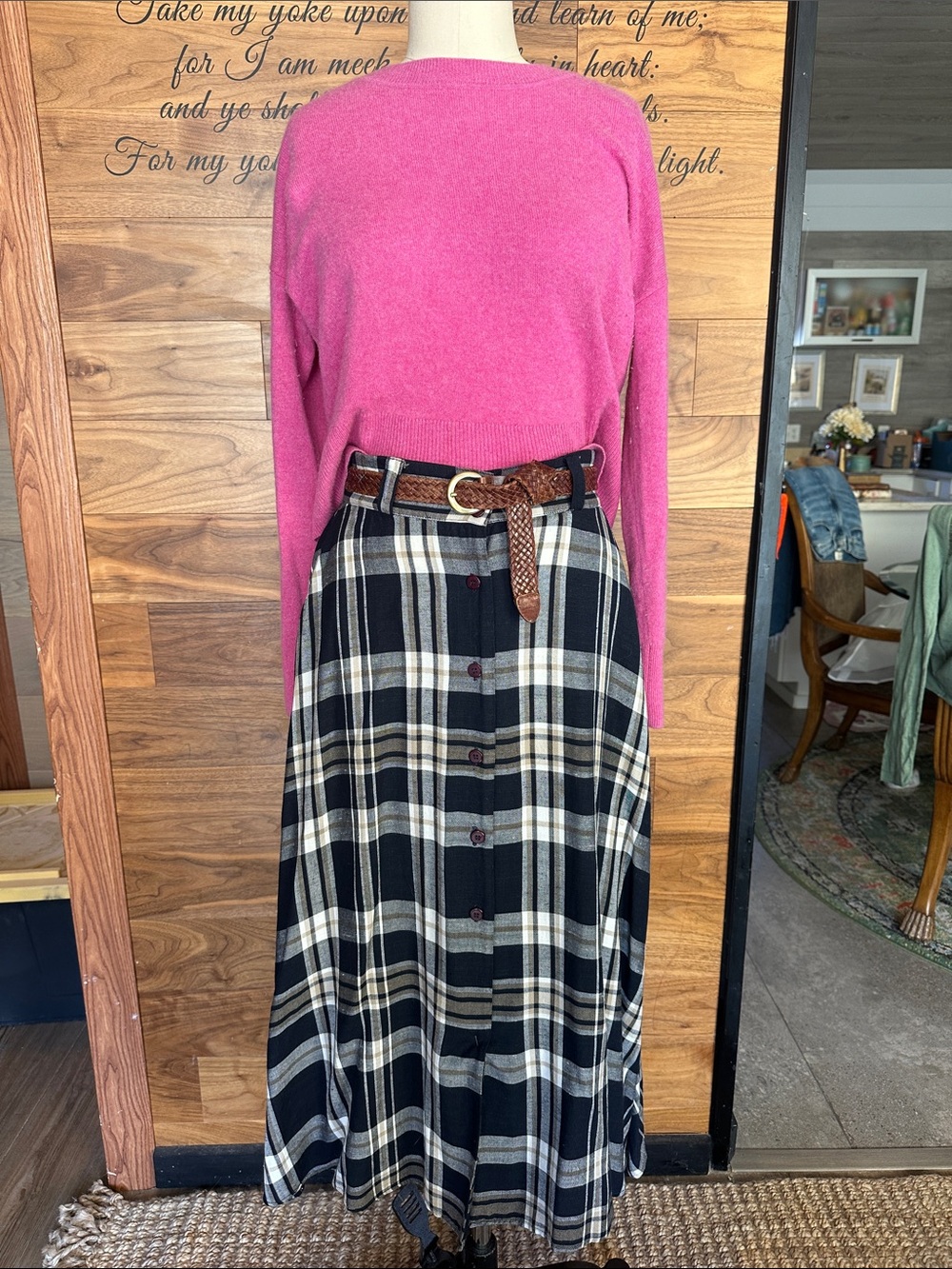 Vintage Navy Blue and Brown Plaid Button-Front Midi Skirt Asymmetrical Hem